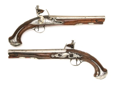 Lot 604 - **A PAIR OF 20 BORE FLINTLOCK PISTOLS SIGNED T. BRUETON