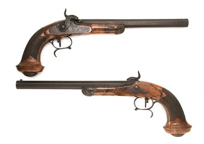 Lot 628 - **A PAIR OF 40 BORE BELGIAN PERCUSSION RIFLED TARGET PISTOLS