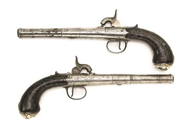 Lot 640 - **A PAIR OF 25 BORE SILVER-MOUNTED PERCUSSION TURN-OFF PISTOLS SIGNED BEETON