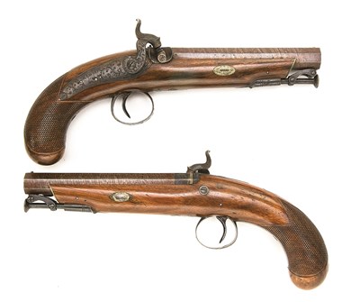 Lot 646 - **A CASED PAIR OF 22 BORE PERCUSSION TRAVELLING PISTOLS BY W. L. SHARP