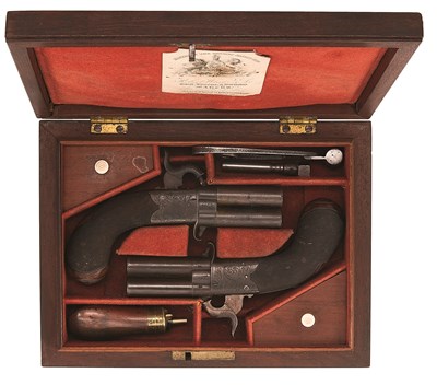 Lot 647 - **A CASED PAIR OF 80 BORE OVER-AND-UNDER PERCUSSION POCKET PISTOLS BY ROBERT WHEELER & SON