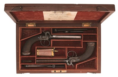 Lot 648 - **A FINE CASED PAIR OF 80 BORE SILVER-MOUNTED PERCUSSION TRAVELLING PISTOLS BY WESTLEY RICHARDS
