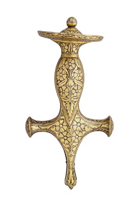 Lot 100 - **A DETACHED HILT FOR A NORTH INDIAN SWORD (TALWAR) AND A SILVER CHAPE FOR A NEPALESE KUKRI