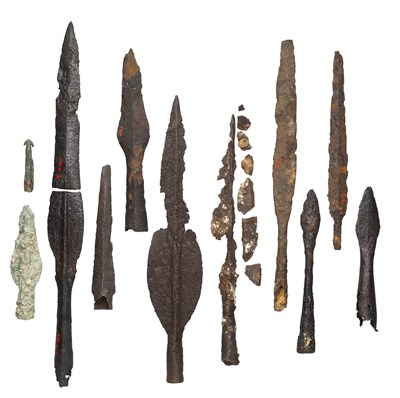 Lot 118 - **A GROUP OF TEN BRONZE AND IRON SPEARHEADS AND AN ARROWHEAD