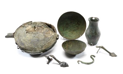 Lot 123 - **A GROUP OF ETRUSCAN AND ROMAN BRONZE VESSELS AND OBJECTS