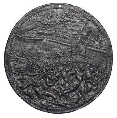 Lot 133 - **A LEAD ROUNDEL OF 'De Bours DrivING Merville and Treslong out of the Citadel of Antwerp'