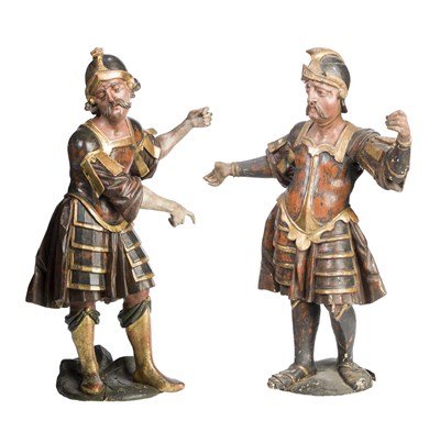 Lot 138 - **A PAIR OF POLYCHROME AND GILTWOOD FIGURES OF SOLDIERS