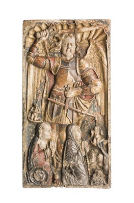 Lot 141 - **A SPANISH POLYCHROME AND GILT WOOD RELIEF OF THE ARCHANGEL MICHAEL