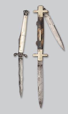 Lot 739 - A FOLDING DOUBLE KNIFE, UNWIN & RODGERS, SHEFFIELD, CIRCA 1880 AND A FOLDING DIRK, EARLY 19TH CENTURY