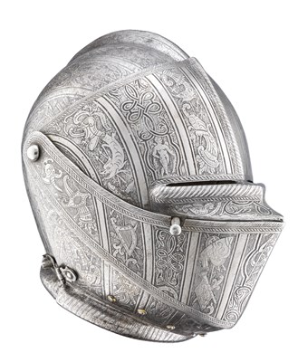 Lot 291 - **A FINELY ETCHED NORTH ITALIAN CLOSE HELMET FOR THE FOOT TOURNEY