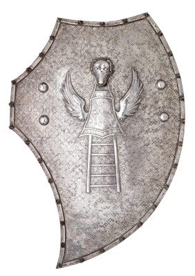 Lot 322 - **A STEEL TARGET WITH EMBOSSED AND COPPER-DAMASCENED DECORATION