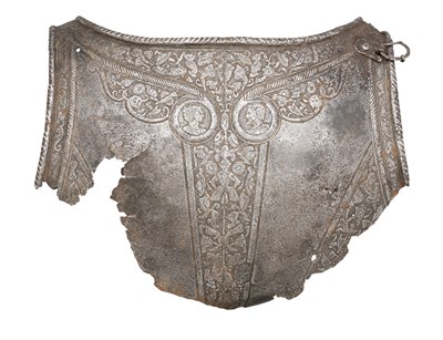 Lot 338 - **THE UPPER PART OF A NORTH ITALIAN BACKPLATE WITH ETCHED DECORATION