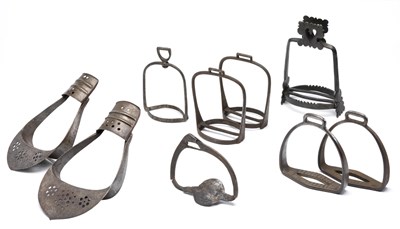 Lot 368 - **A PAIR OF STTIRRUPS IN 17TH CENTURY STYLE; A PAIR OF STIRRUPS