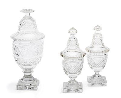 Lot 50 - THREE CUT-GLASS VASES AND COVERS, PROBABLY ENGLISH, 19TH CENTURY