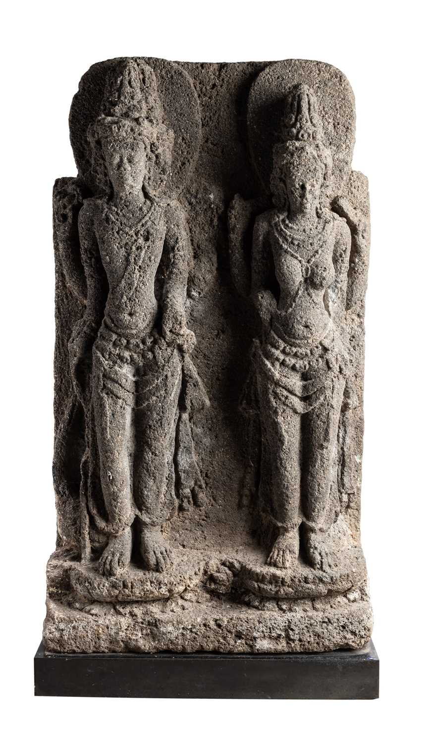Lot 182 - A JAVANESE VOLCANIC STONE RELIEF DEPICTING BRAHMA AND SARASWATI