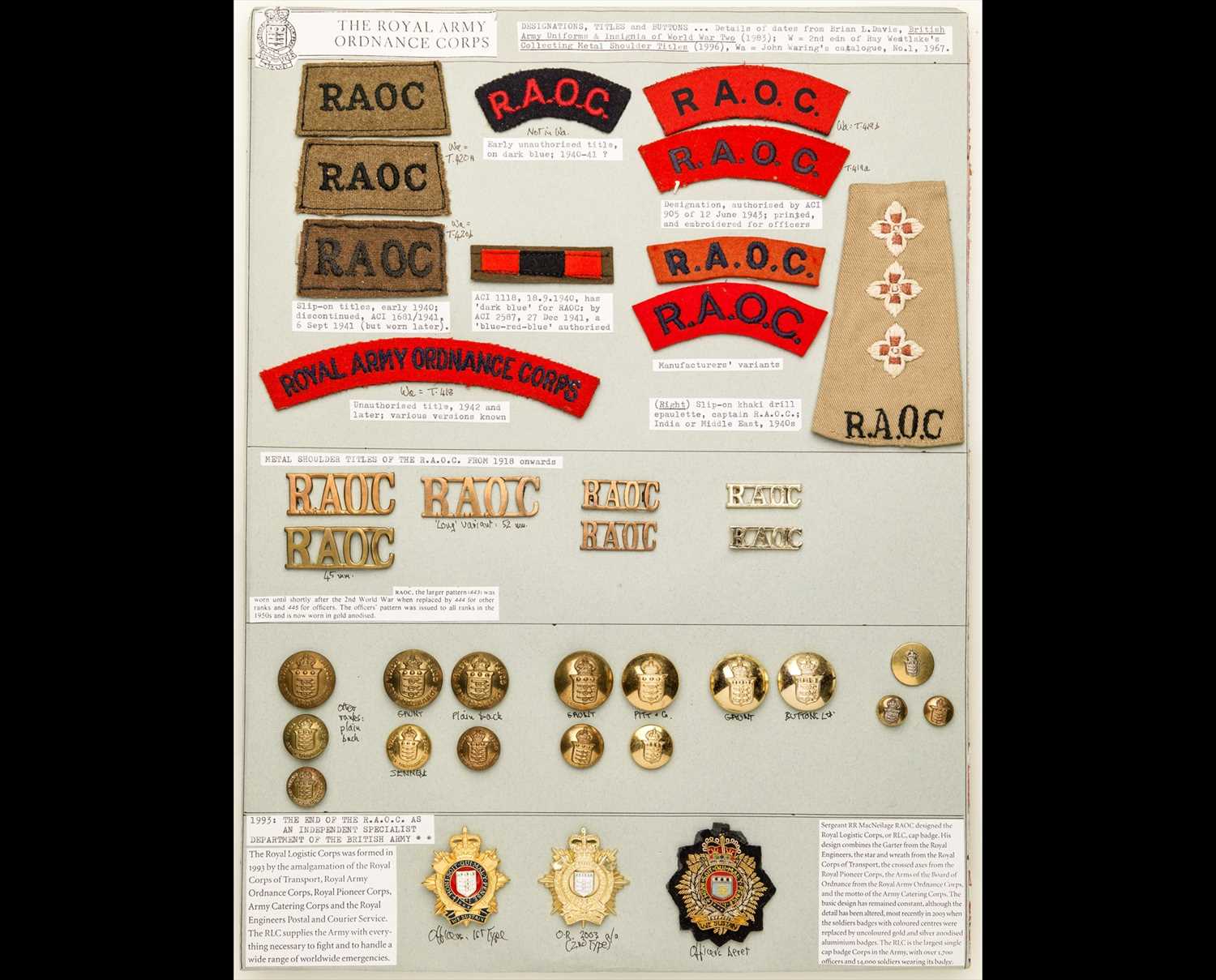 Lot 222 - Insignia of the Royal Army Ordnance Corps and Royal Logistic Corps