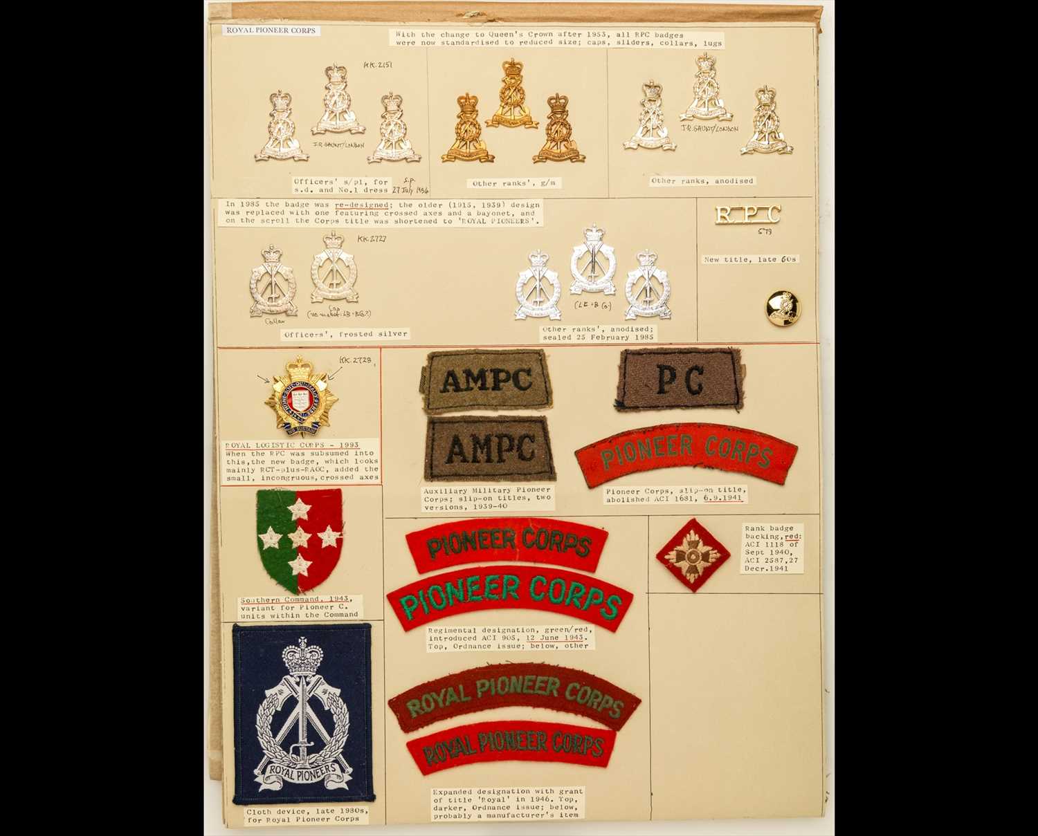 Lot 231 - Pioneer Corps and Labour Corps Insignia