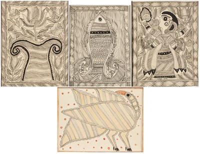 Lot 217 - FOUR SMALL MADHUBANI PAINTINGS, BIHAR, NORTHERN INDIA, MID-20TH CENTURY