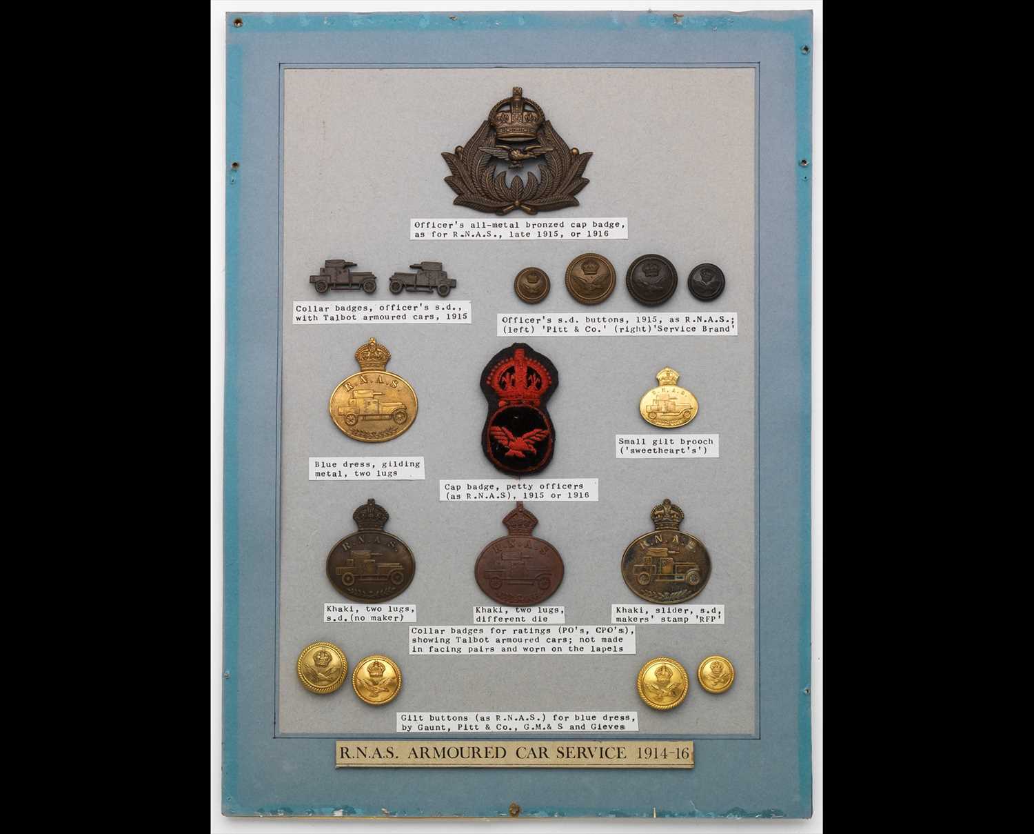 Lot 439 - Royal Naval Air Service Armoured Car Branch insignia and early Royal Air Force Airman's cap badge.