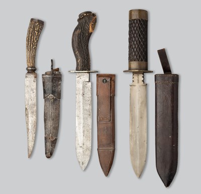 Lot 506 - AN INDIAN BOWIE KNIFE, CIRCA 1880, AND TWO FURTHER KNIVES