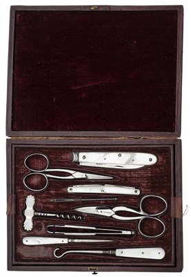 Lot 332 - A MOTHER-OF-PEARL MOUNTED MANICURE SET, MACDANIEL, OXFORD STREET, EARLY 20TH CENTURY AND A CASED PAIR OF FRENCH SCISSORS, 20TH CENTURY