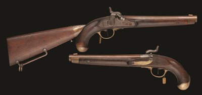 Lot 335 - A RARE PAIR OF .650 CALIBRE HANOVERIAN MODEL 1818/43 RIFLED PERCUSSION CAVALRY PISTOLS