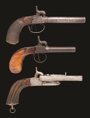 Lot 380 - **TWO D.B. PERCUSSION TRAVELLING PISTOLS AND A D.B. PIN-FIRE TRAVELLING PISTOL