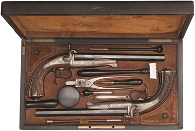 Lot 381 - **A CASED PAIR OF 80 BORE FRENCH PIN-FIRE TARGET PISTOLS BY F. CLAUDIN A PARIS