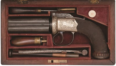 Lot 383 - A RARE CASED 60 BORE FOUR-SHOT SELF-COCKING PERCUSSION PEPPERBOX REVOLVER BY JAMES BEATTIE