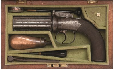 Lot 384 - A CASED 54 BORE SIX-SHOT SELF-COCKING PERCUSSION PEPPERBOX REVOLVER BY S. NOCK