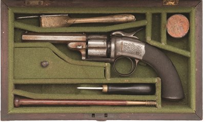 Lot 385 - A CASED 80 BORE WITTON DAW & CO. IMPROVED PERCUSSION SINGLE ACTION GAS-SEAL LANG-TYPE REVOLVER