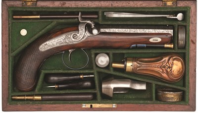 Lot 395 - A CASED 32 BORE PERCUSSION TRAVELLING PISTOL BY ROBT DUGARD