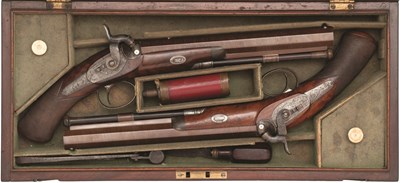 Lot 396 - A CASED PAIR OF 38 BORE PERCUSSION DUELLING PISTOLS BY SAMUEL NOCK