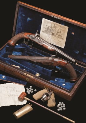 Lot 398 - A FINE CASED PAIR OF 50 BORE PERCUSSION RIFLED DUELLING PISTOLS BY CHARLES MOORE