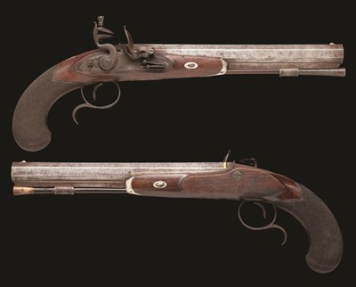 Lot 400 - A PAIR OF 18 BORE FLINTLOCK DUELLING PISTOLS BY JOVER