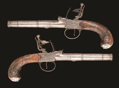 Lot 401 - A CASED PAIR OF 54 BORE SILVER-MOUNTED FLINTLOCK TRAVELLING PISTOLS BY JOYNER
