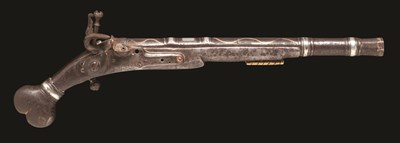 Lot 404 - A 20 BORE EAST SCOTTISH FLINTLOCK BELT PISTOL FORMED ENTIRELY OF STEEL