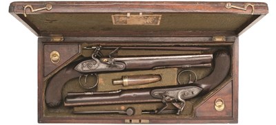Lot 406 - A CASED PAIR OF 25 BORE FLINTLOCK DUELLING PISTOLS BY H. W. MORTIMER