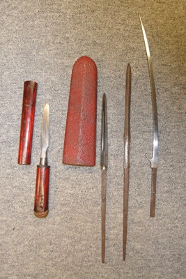 Lot 34 - THREE JAPANESE SPEAR HEADS (YARI) AND A FURTHER SPIKE FOR A HAFTED WEAPON