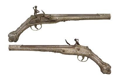 Lot 114 - A PAIR OF 19 BORE BALKAN SILVER-MOUNTED FLINTLOCK HOLSTER PISTOLS