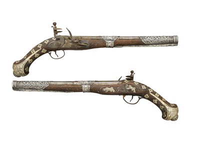 Lot 115 - A PAIR OF 20 BORE TURKISH SILVER-MOUNTED FLINTLOCK HOLSTER PISTOLS