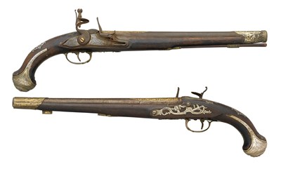 Lot 116 - A PAIR OF 18 BORE TURKISH FLINTLOCK HOLSTER PISTOLS WITH GERMAN LOCKS BY JOHAN ULRICH MANTZ