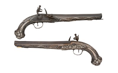 Lot 117 - A PAIR OF 18 BORE OTTOMAN SILVER-MOUNTED FLINTLOCK KUBUR HOLSTER PISTOLS