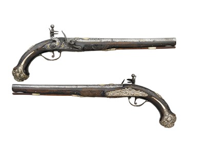 Lot 118 - â€¡ A PAIR OF 18 BORE OTTOMAN LONG FLINTLOCK KUBUR PISTOLS