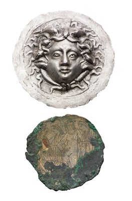 Lot 258 - A SILVER ROUNDEL AND A BRONZE FRAGMENT