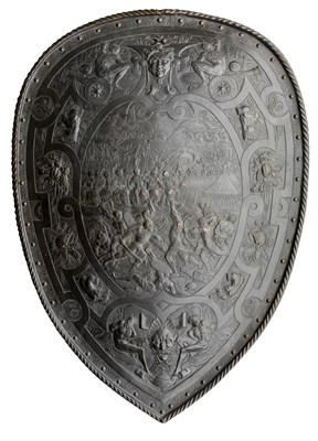 Lot 299 - â€¡ AN ELECTROTYPE COPY OF A FRENCH STEEL TARGET OF CIRCA 1555 WITH EMBOSSED AND CHASED DECORATION IN