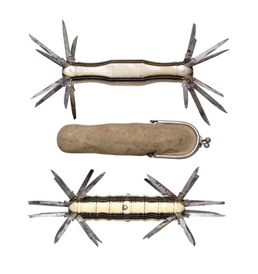 Lot 319 - AN IVORY-MOUNTED GEORGIAN FOLDING KNIFE WITH TWENTY FOUR BLADES AND ANOTHER