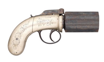 Lot 340 - AN UNUSUAL 40 BORE SIX-SHOT PERCUSSION PEPPERBOX REVOLVER BY REILLY