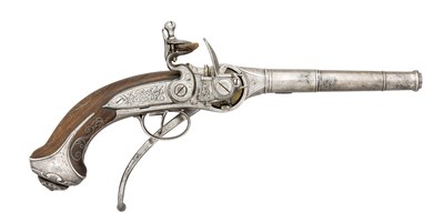 Lot 346 - A RARE 40 BORE SILVER-MOUNTED FLINTLOCK BREECH-LOADING REPEATING PISTOL