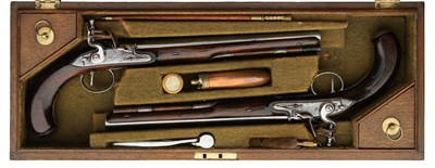Lot 357 - A CASED PAIR OF 32 BORE FLINTLOCK DUELLING PISTOLS BY ROBERT WOGDON
